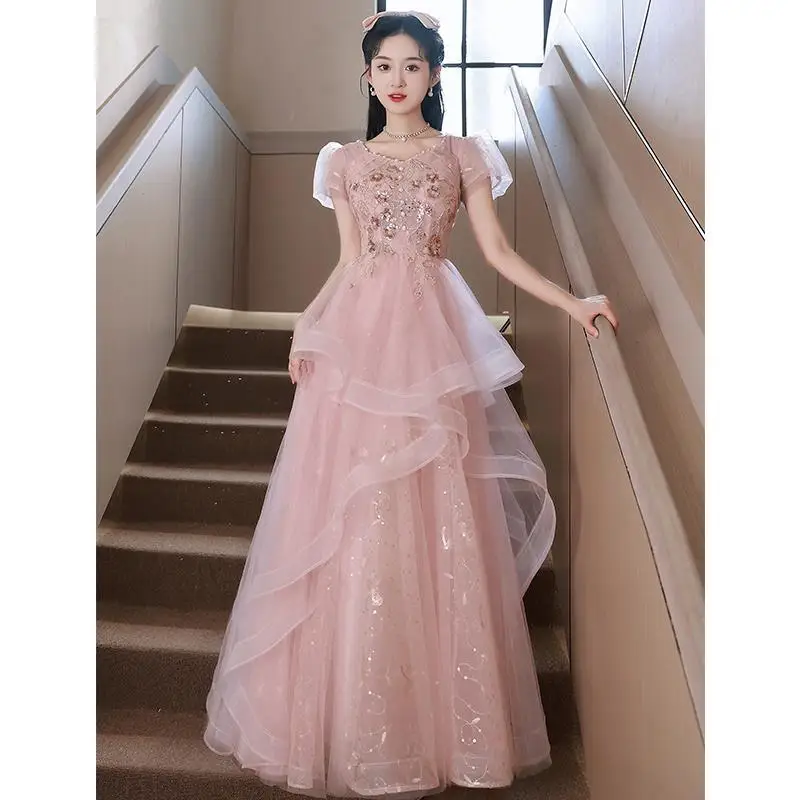

Pink Evening Gown Ball Dr 2025 New High-End Ele Bubble Sve Art Exam Host Long Dr Silk Material High Waist