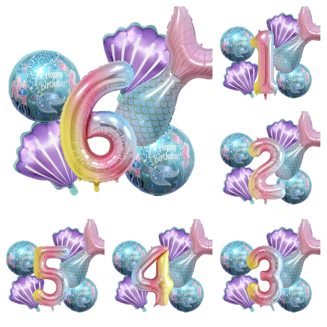 6 Teile/satz Meerjungfrau-themed Aluminium Membran Ballon Set Mit 32in Digitale Geburtstag Party Dekoration Baby Dusche