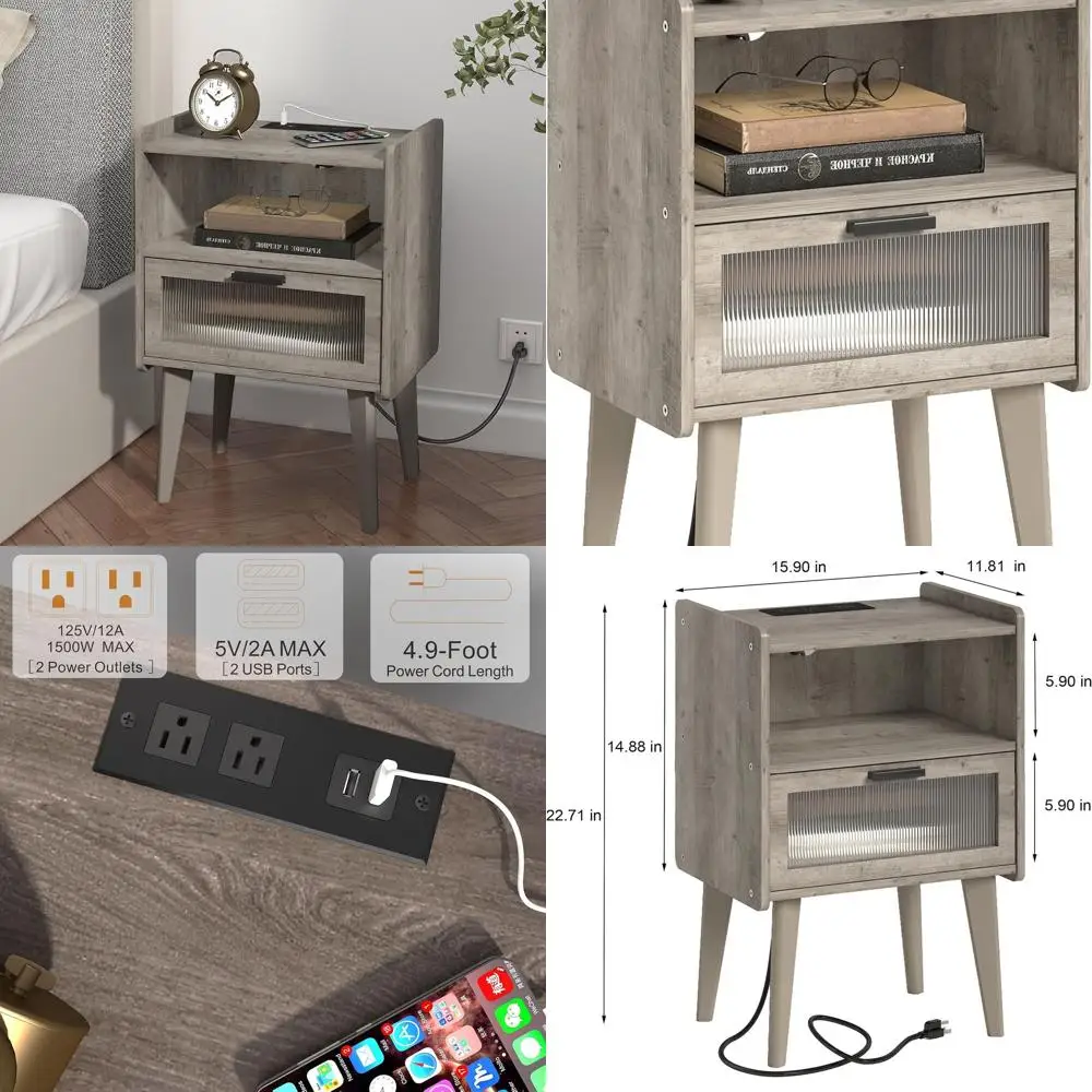 

Oak Grey 2-Tier Nightstand with Charging Station, Bedroom/Living Room Side Table Storage MLBZ07GE