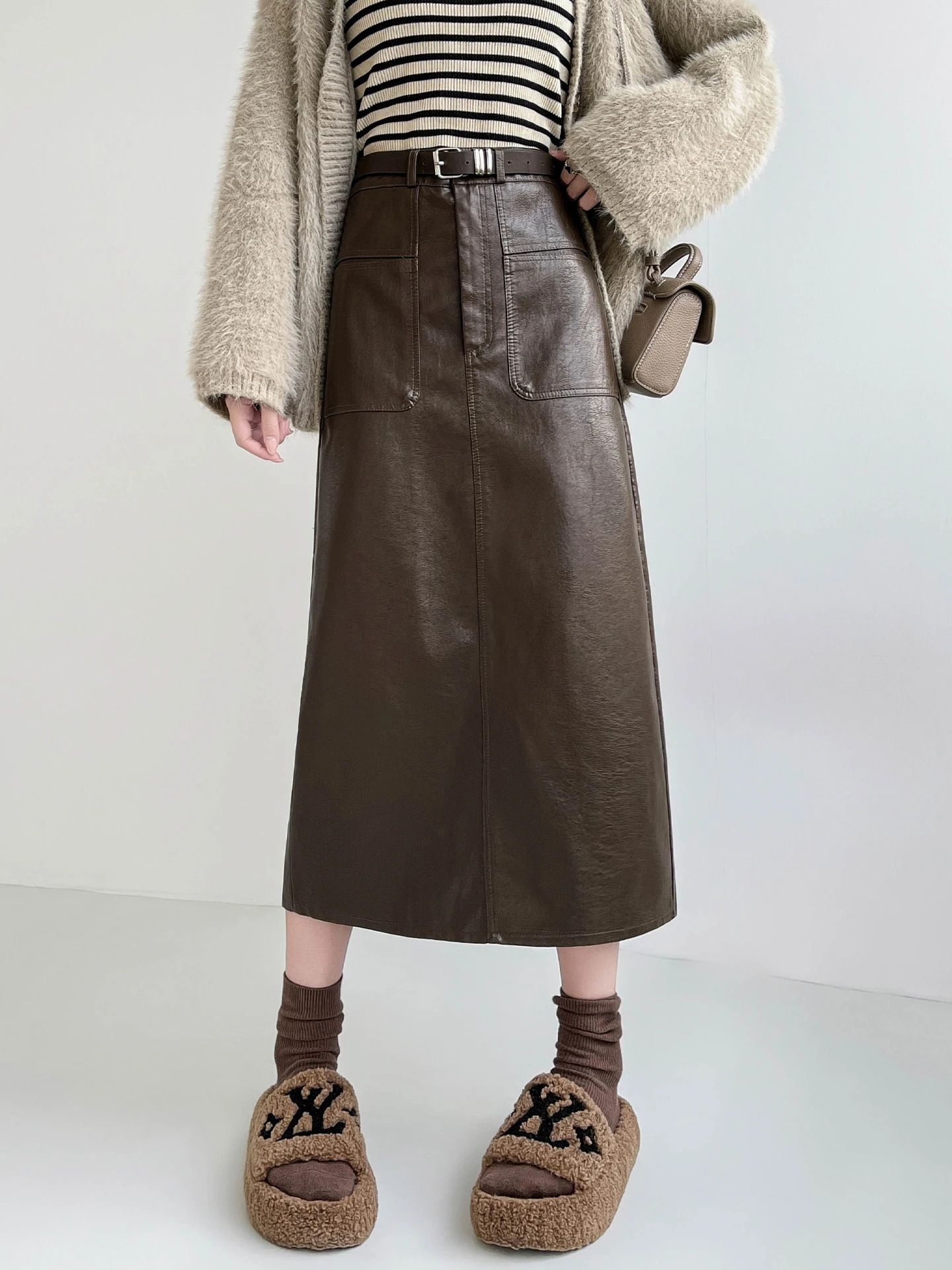 

High Waist A-Line Skirt Women's PU Leather Vintage Sle Slimming Split Drapey Skirts Spring Autumn New Arrival