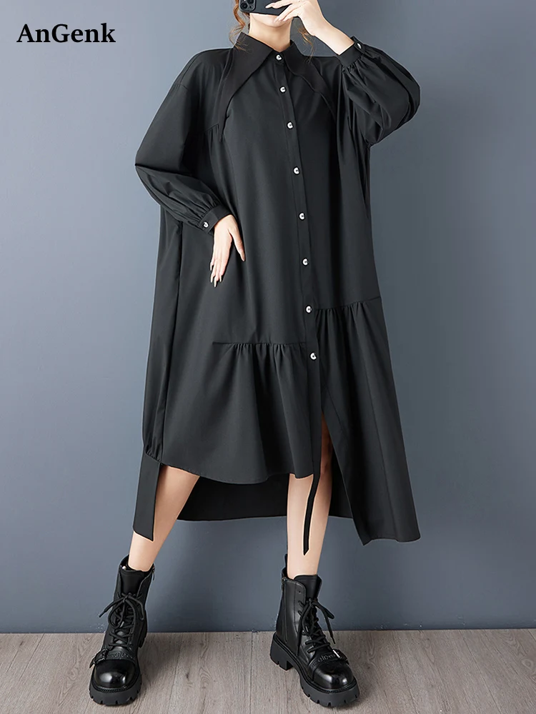 Vestidos Vintage de gran tamaño con retales irregulares para mujer, vestido camisero informal holgado de manga larga, ropa elegante para primavera y otoño 2025
