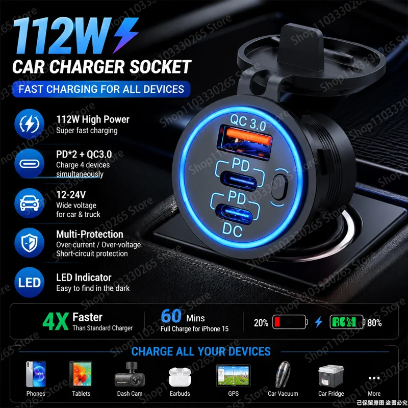 112W PD QC3.0 Car Fast Charger Socket, 4 Port LED Cigarette Lighter Adapter Fit 12-24V Car Truck Phone Devices