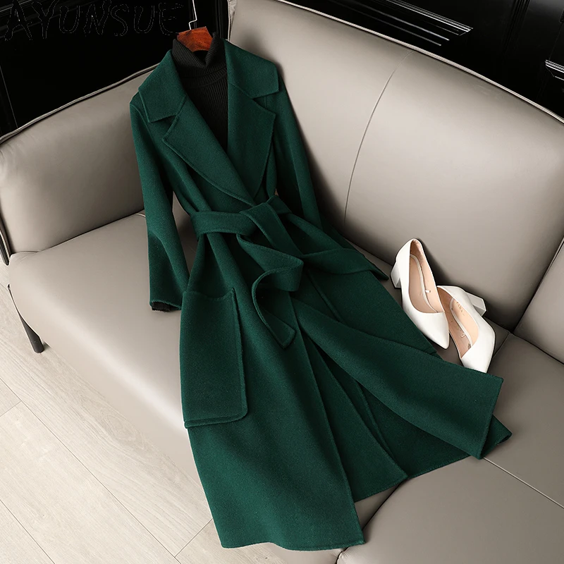 

AYUNSUE 100% шерстяное пальто средней длины 2024, двустороннее шерстяное зеленое пальто, зимние пальто для женщин, элегантная женская одежда Пальто Женское