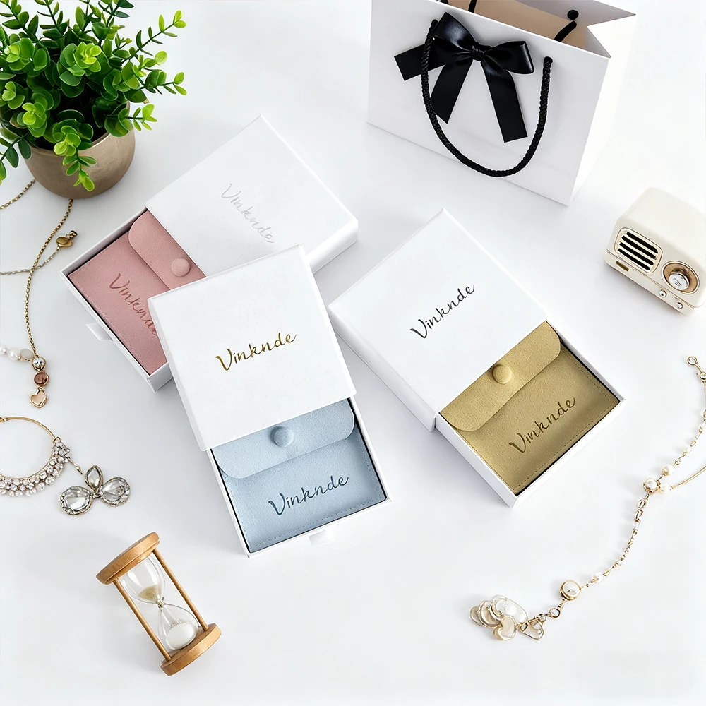 

Jewelry Storage Box with Drawer Personalization Logo Paperboard Boxes for Ring Earring Wedding Gift Microfiber Snap Bag Pouch