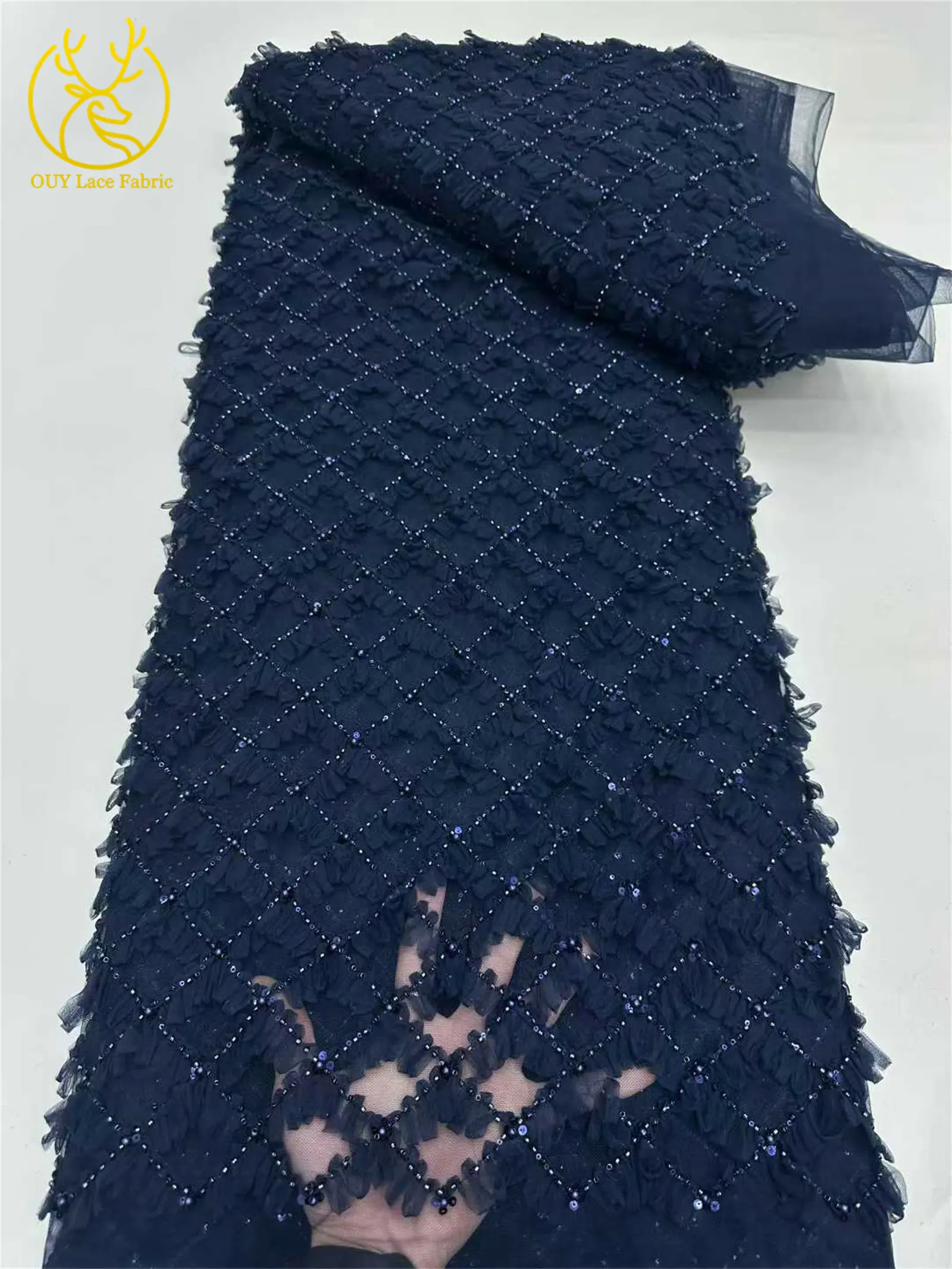 Lila Flieder 3D-Spitzenstoff 2026 Hochwertiger Afrikanischer Pailletten-Perlen-Spitzenstoff für Damen-Abendkleider Nähen 5 Yards – Detail 13