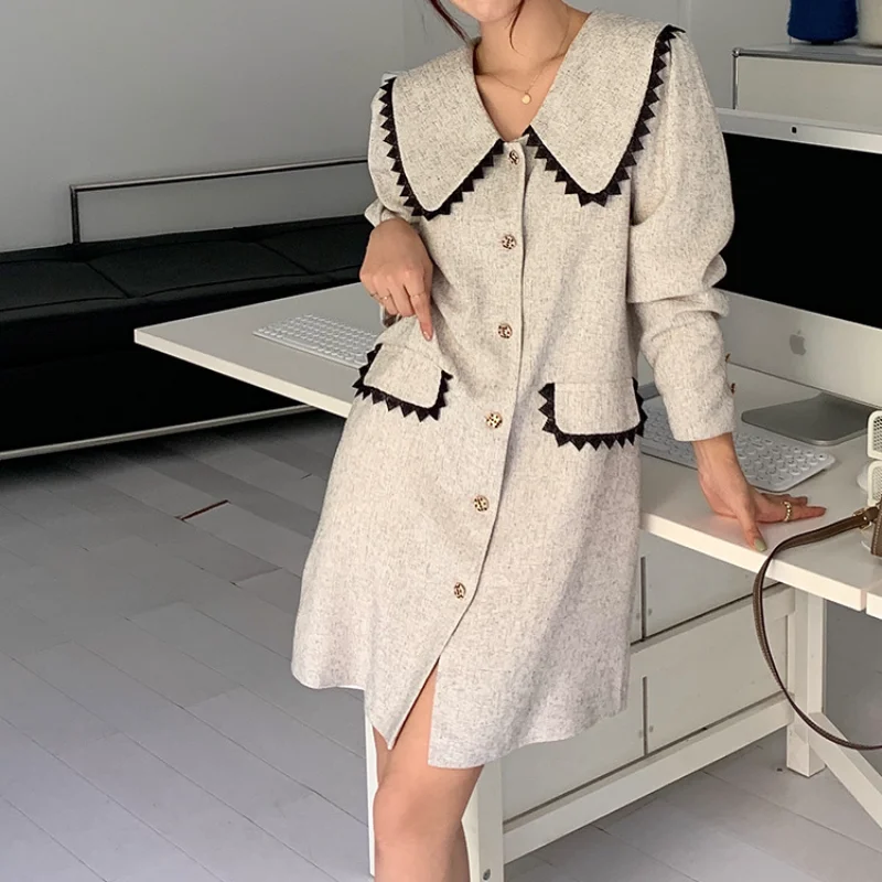 

Autumn Doll Collar Loose Sweet Small Fragrance Dress Elegant Korean Fashion Long-sleeved One-piece Kawaii Tweed Dresses 1462