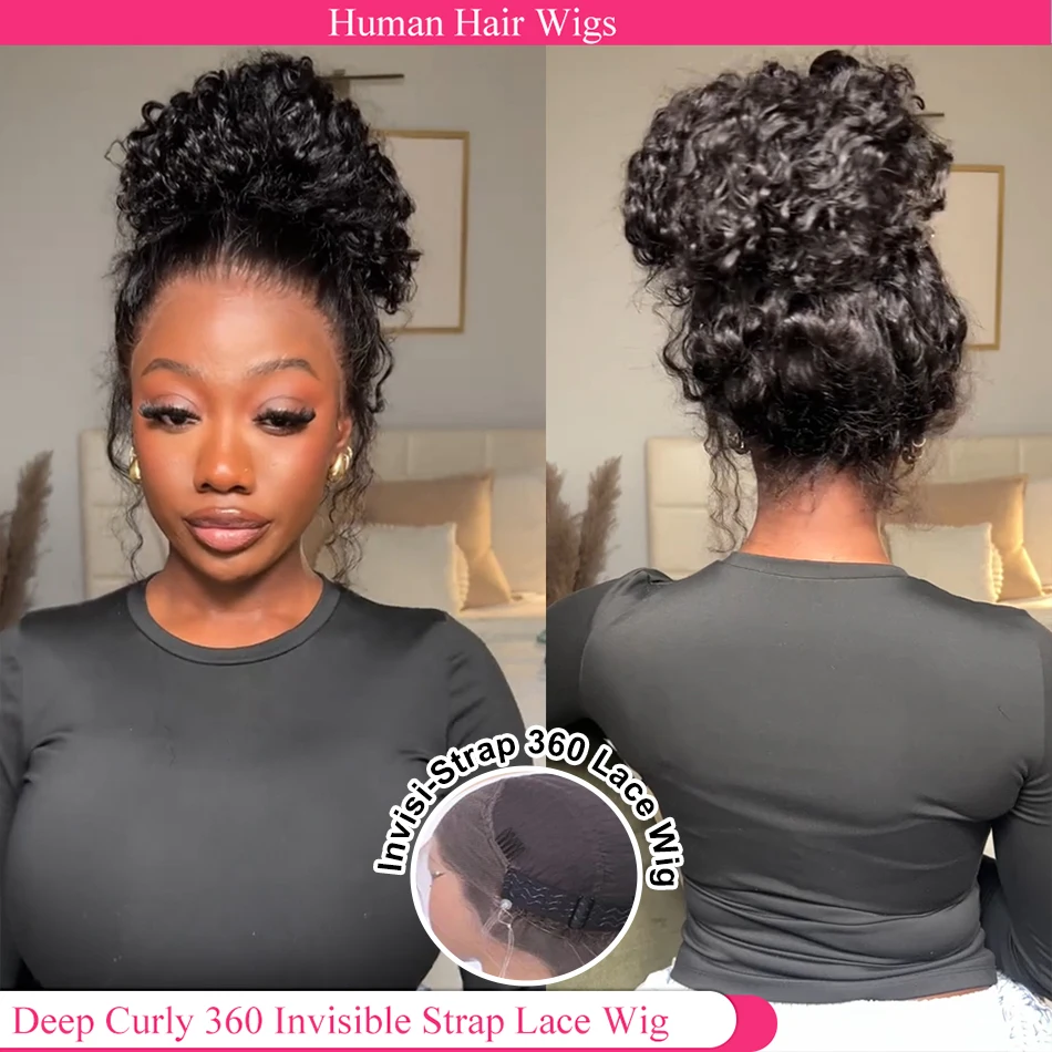

Invisible Strap HD 360 Lace Front Glueless Wigs Human Hair Deep Curly Precut 360 Full Lace Wig Drawstring Snug Fit Human Hair