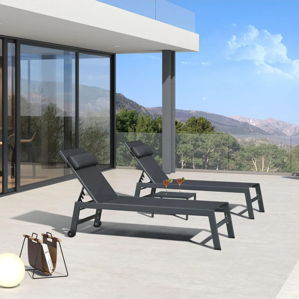 

Outdoor Lounge Chair Set of 3 Patio Chaise Pool Lounger Aluminum Frame with Side Table and Wheels for Outside Sunbathing Tannin