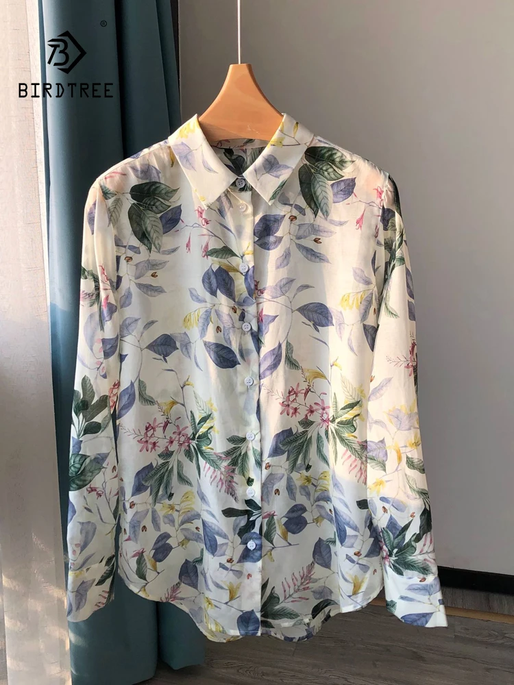 

BirdTree-30% Silk 70% Cotton Elegant Shirt, Women Long Sleeve Print, French Retro Commute Loose Blouse, 2025 Summer New T55027CC