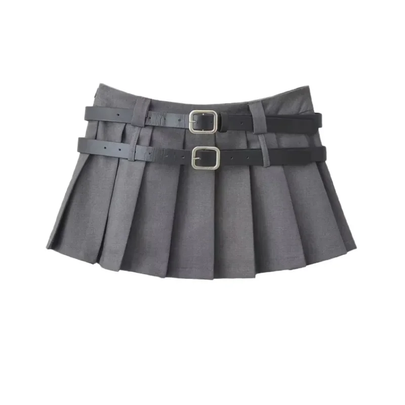 2024 Trend Mini Skirt Women Korean Vintage Y2K Pleated Skirt Summer Casual Japanese Preppy Style Solid Two Belts Short Skirts