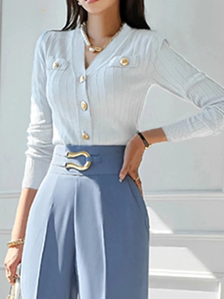 H Han Queen Koreański Sweter Rozpinany z Dekoltem w Serek, Dzianinowy, Damski, Casualowy, Podstawowy, z Długim Rękawem, Jesienny Sweter w Stylu Vintage