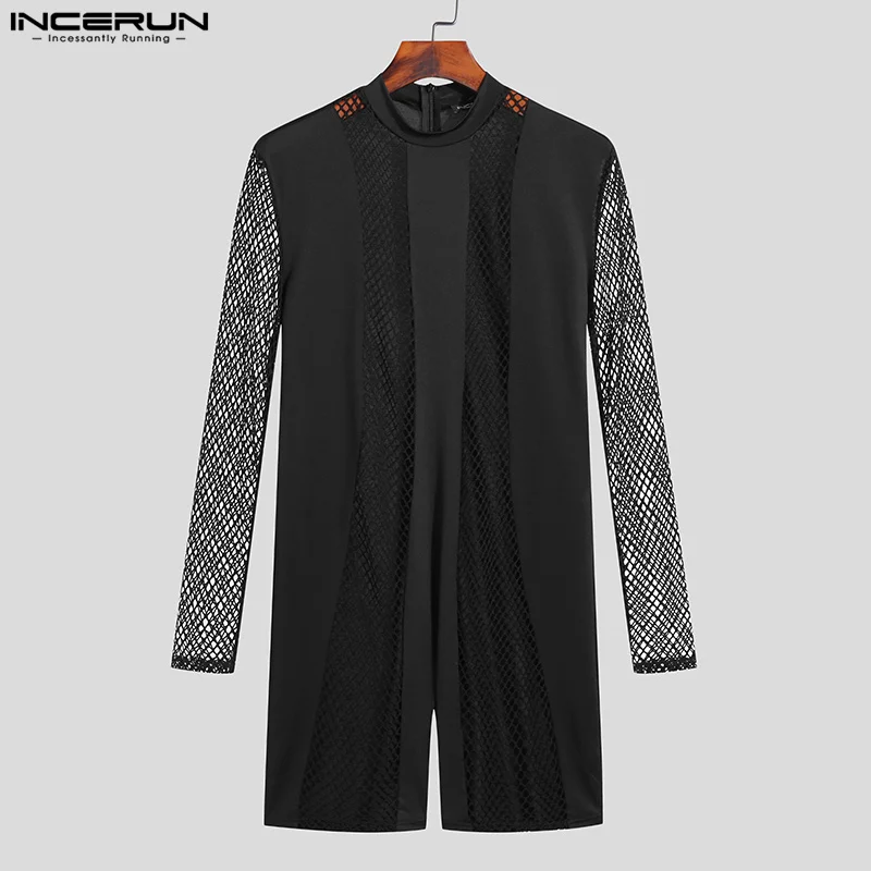 INCERUN 2024 Sexy Mesh Loungewear New Mens See-through Mesh Bodysuit Sexy Stylish Male Splicing Solid Long-sleeved Rompers S-5XL