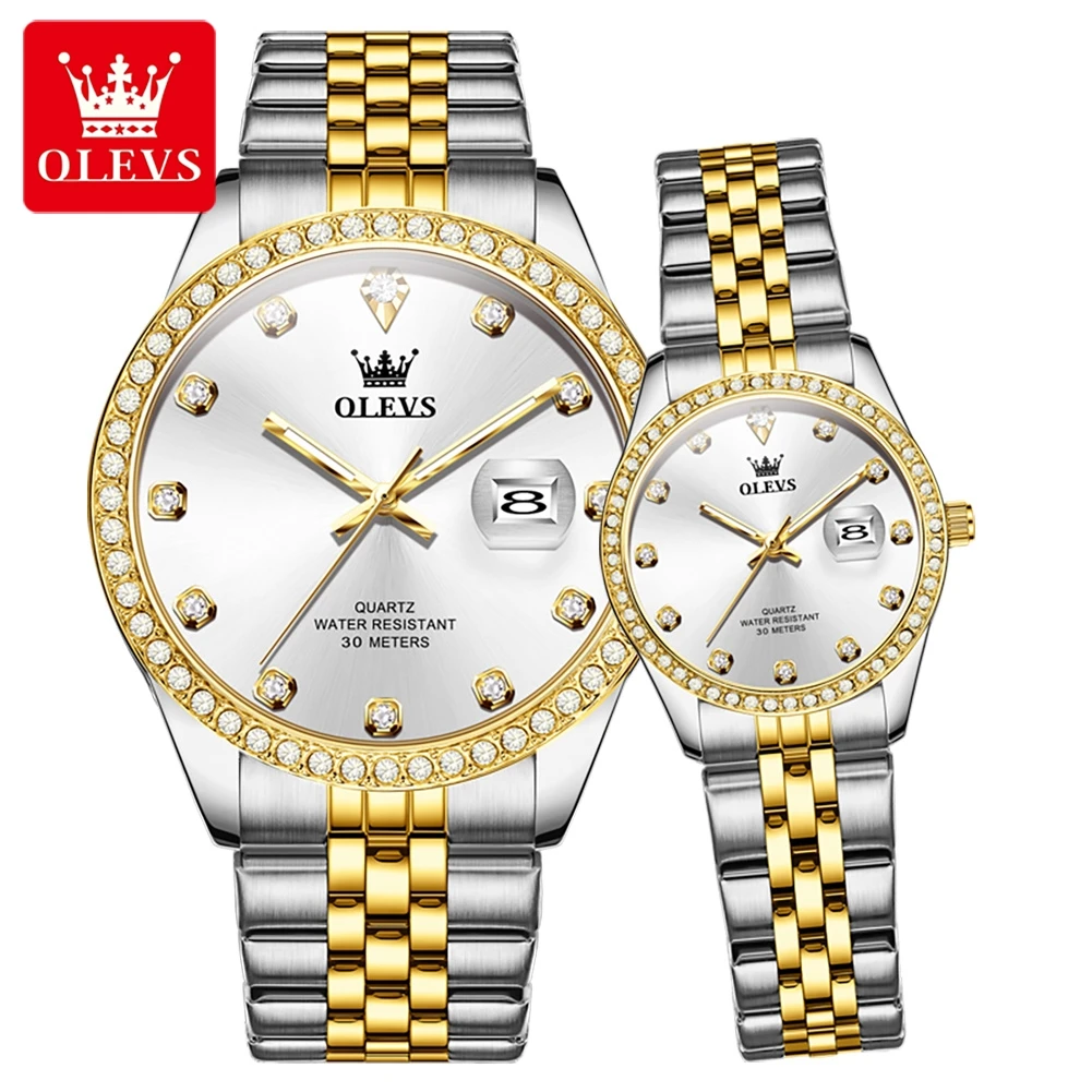 OLEVS 3629 Diamond Quartz Couple Watches Luxury Stainless Steel Dress Wristwatch Date Waterproof Original Watch For Men Women