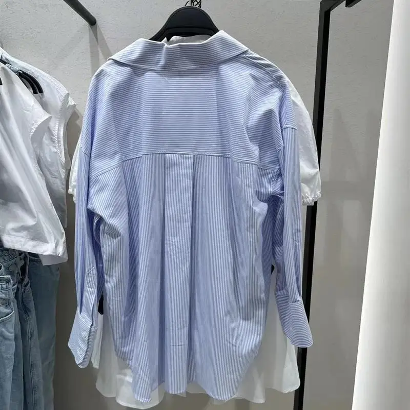 Automne nouveau femmes décontracté Ox irt ket décor coupe ample Long col Sve motif rayé bouton fermeture