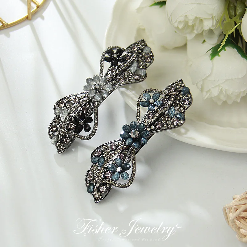 New Korean Edition Jet Blue Crystal Flower Alloy Spring Hairpin Retro Half Tie Hairpin Elegant Mother Fashion Hair Accessories