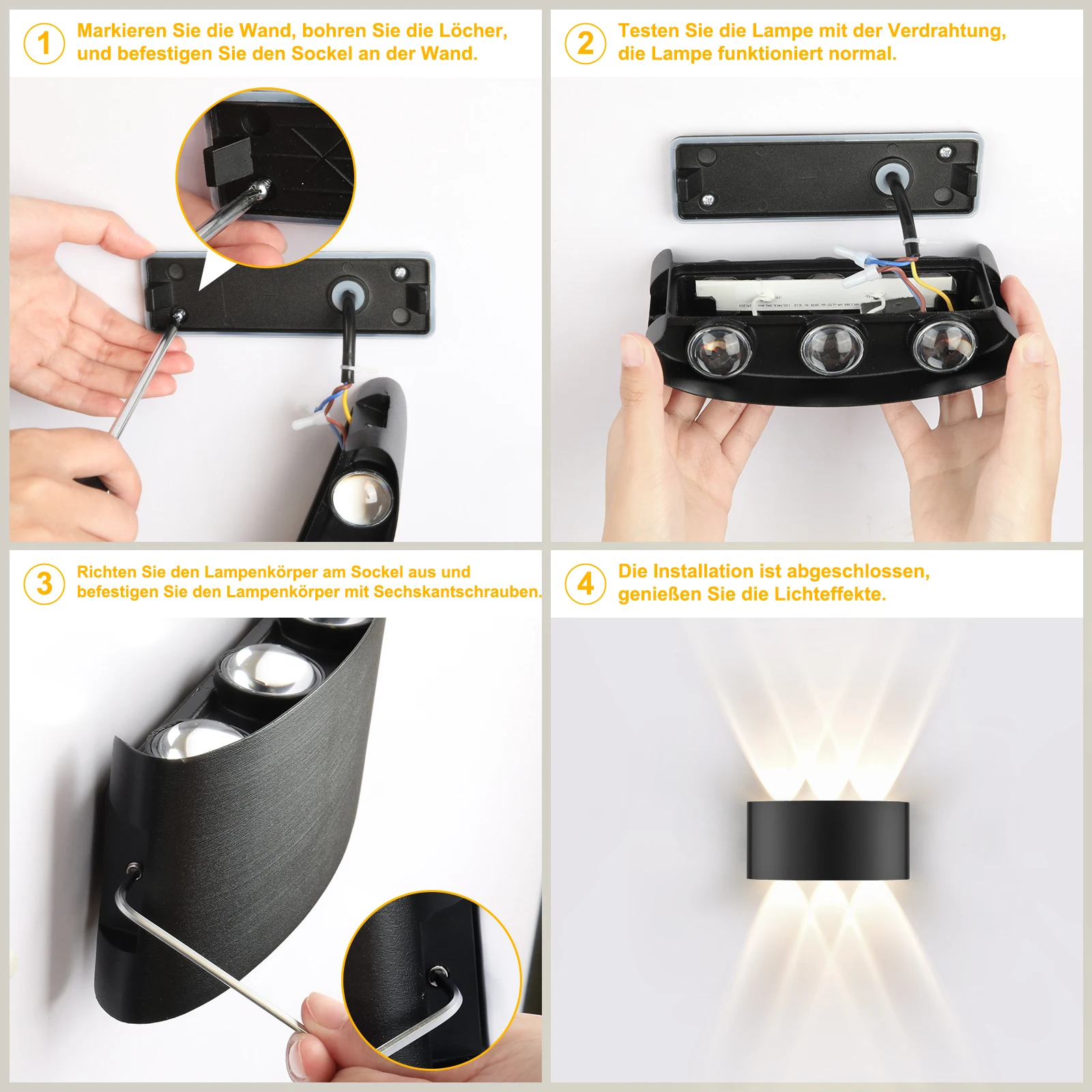Packung mit 1/2/4 LED-Wandleuchten, 6 W, IP65, 3000 K, warmweißes Aluminium, Innen- und Außenwandleuchte mit 6 Strahlen – Detail 2