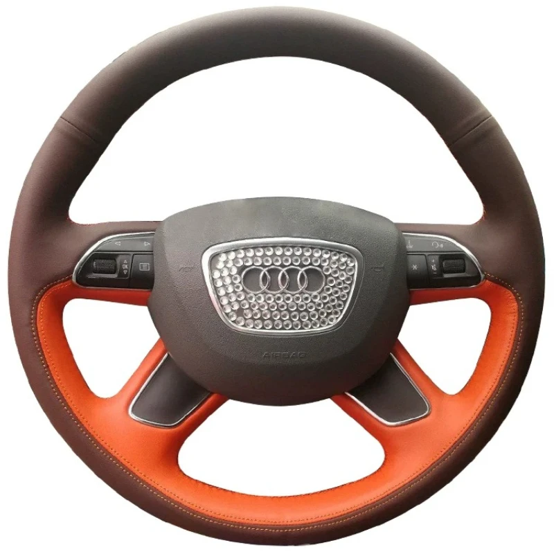 For Audi A6 2005-2018 A3 A4 Q5 Q7 2013-2018 Q3 2012-2018 Hand-Stitched black Orange Leather Car Steering Wheel Cover