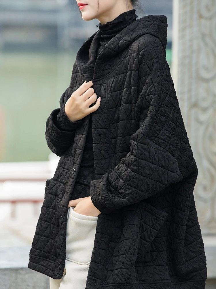 Vintage Harajuku Cotton Coat Autumn Winter Women's Clothing Quilted Hooded Jacket Single-breasted Original Outerwear Parka Loose