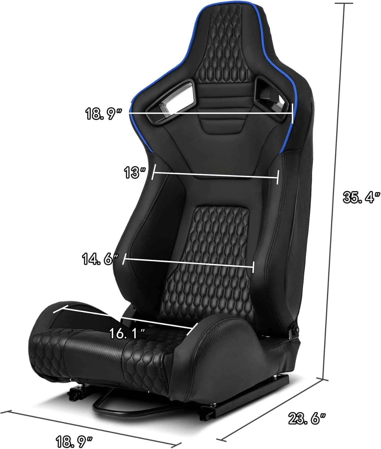 Pair of All Black PVC Snake Pattern+Blue Stitching & Rear Carbon Fiber Style leather Reclinable Racing Seats W/Silders