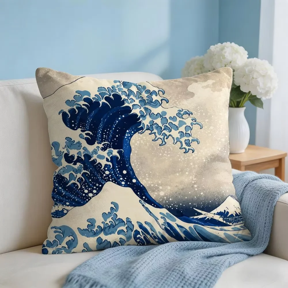 Cushion Cover The Great Wave off Kanagawa Short Plush Soft Double-Sided Printing Pillow Case Cozy Sofa Bedroom Home Decor Gift