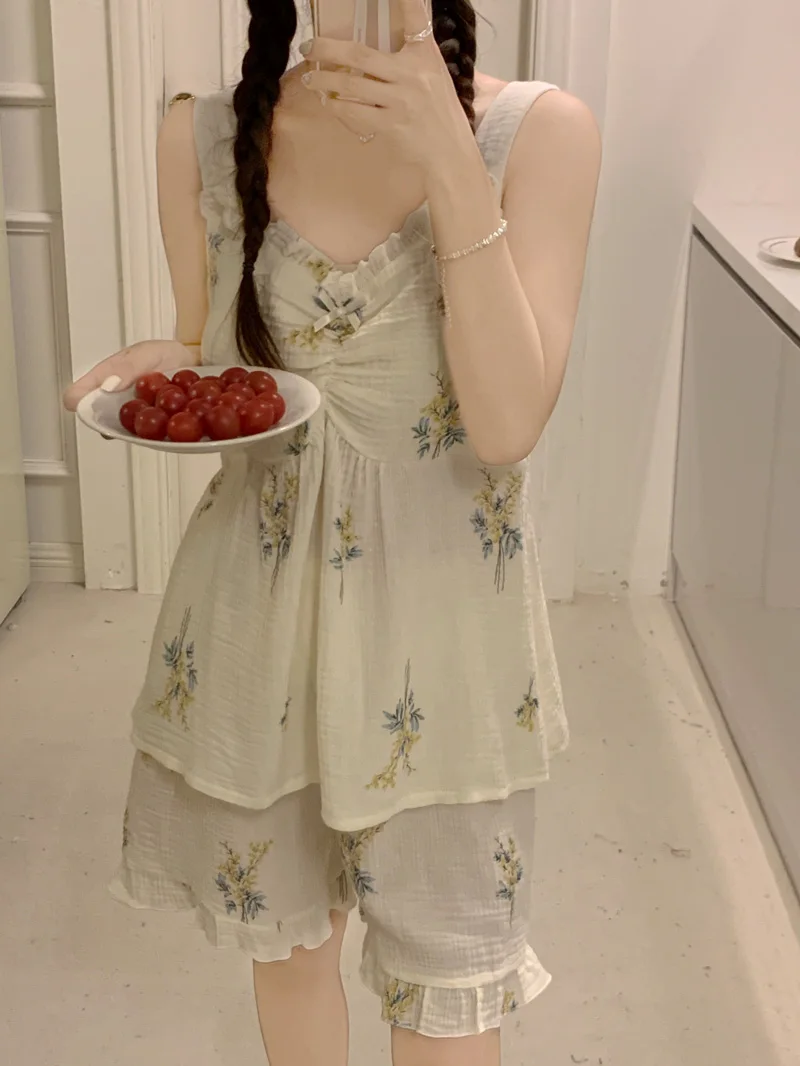 

Soft Floral Print Flowers Sweet Simple Sleeveless Sling Summer Pajama Set Women Coolness Princess Holiday style Korean Sleepwear