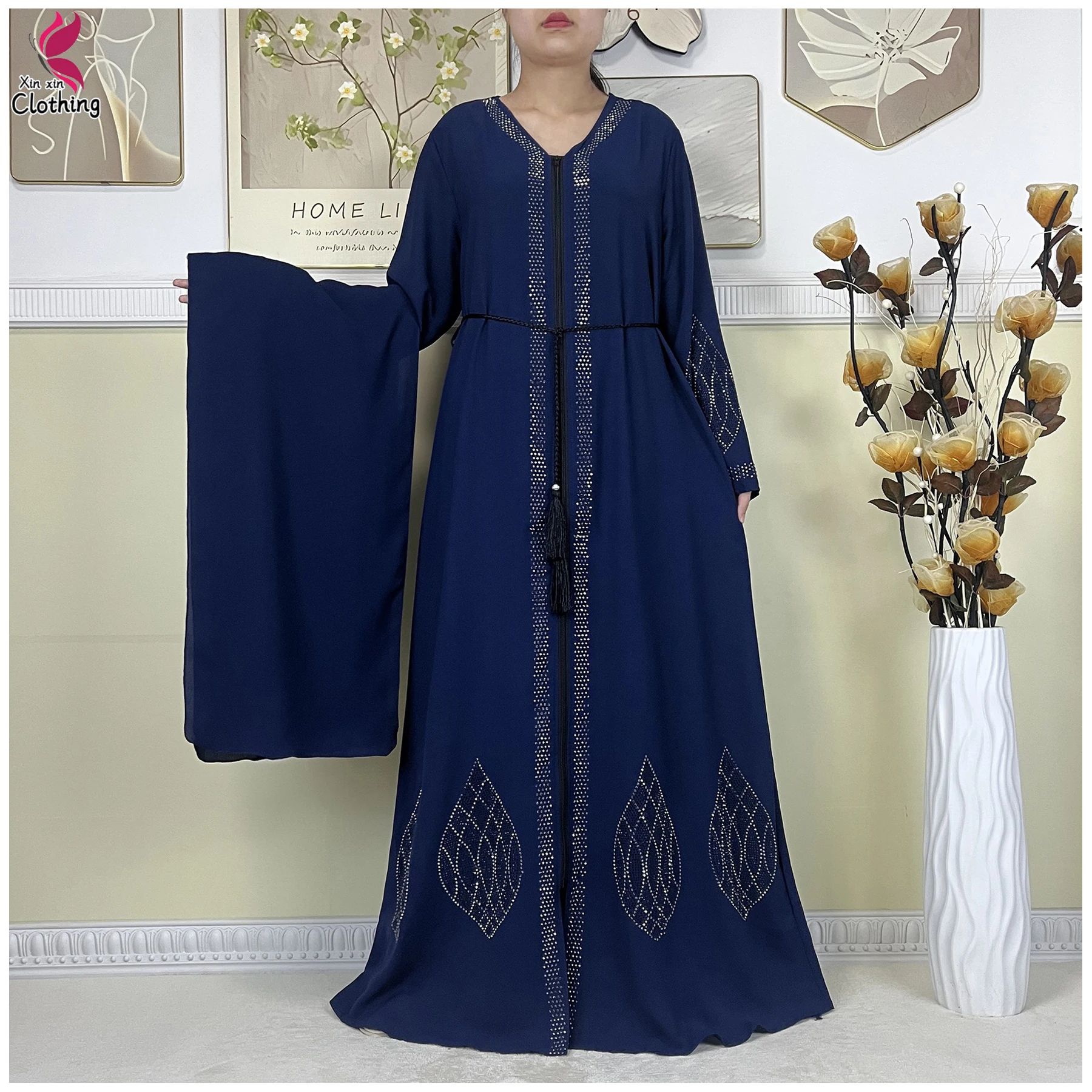 2025 New Dubai Muslim Elegant Party Dress Open Zipper Abaya Islam Women Clothing Long sleeves Loose Chiffon Fabric African Dress