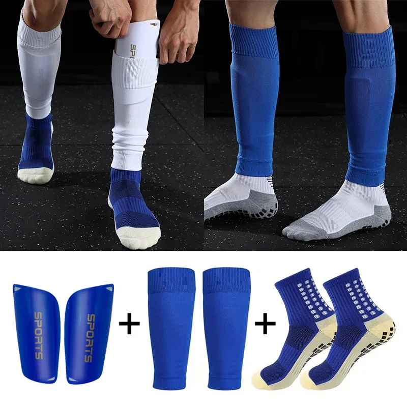 3PCS Set Anti Slip Football Socks For Men Outdoor Sports Grip Soccer Sock Shin Guards Football Shin Pads Socks Guard Sleeves