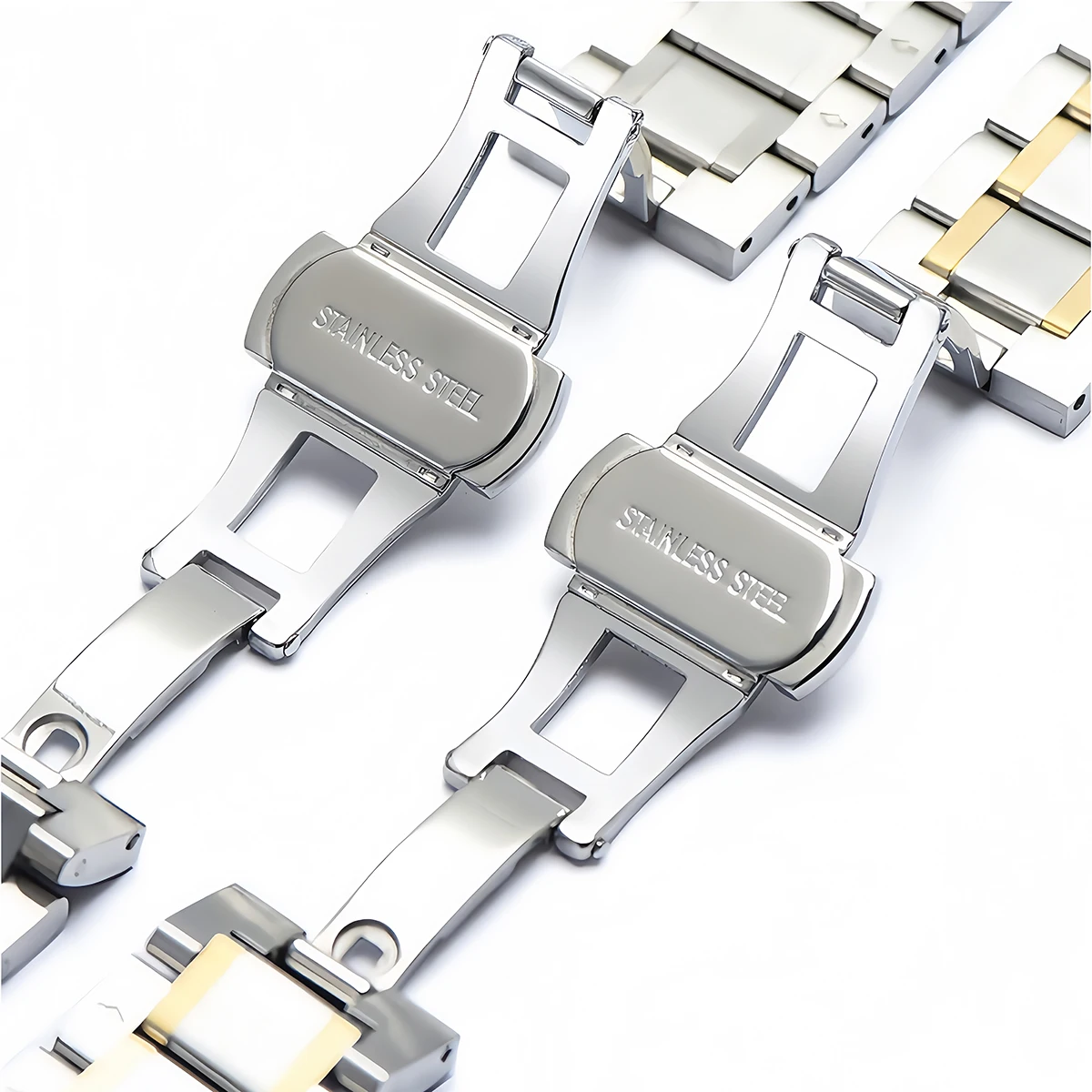 Edelstahl-Uhrenarmband-Schnalle Uhrenarmband-Schmetterlingsverschlüsse Faltschließe Doppeltgepresste Polierte Knopf-Uhrenzubehör – Detail 8