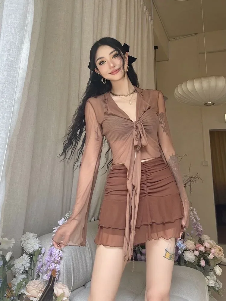 

Korean Fashion Style All-match Solid Design Elegant Casual Long Flare Sleeve Blouses for Women Lace-up Mesh Sexy Sweet Hot Girls