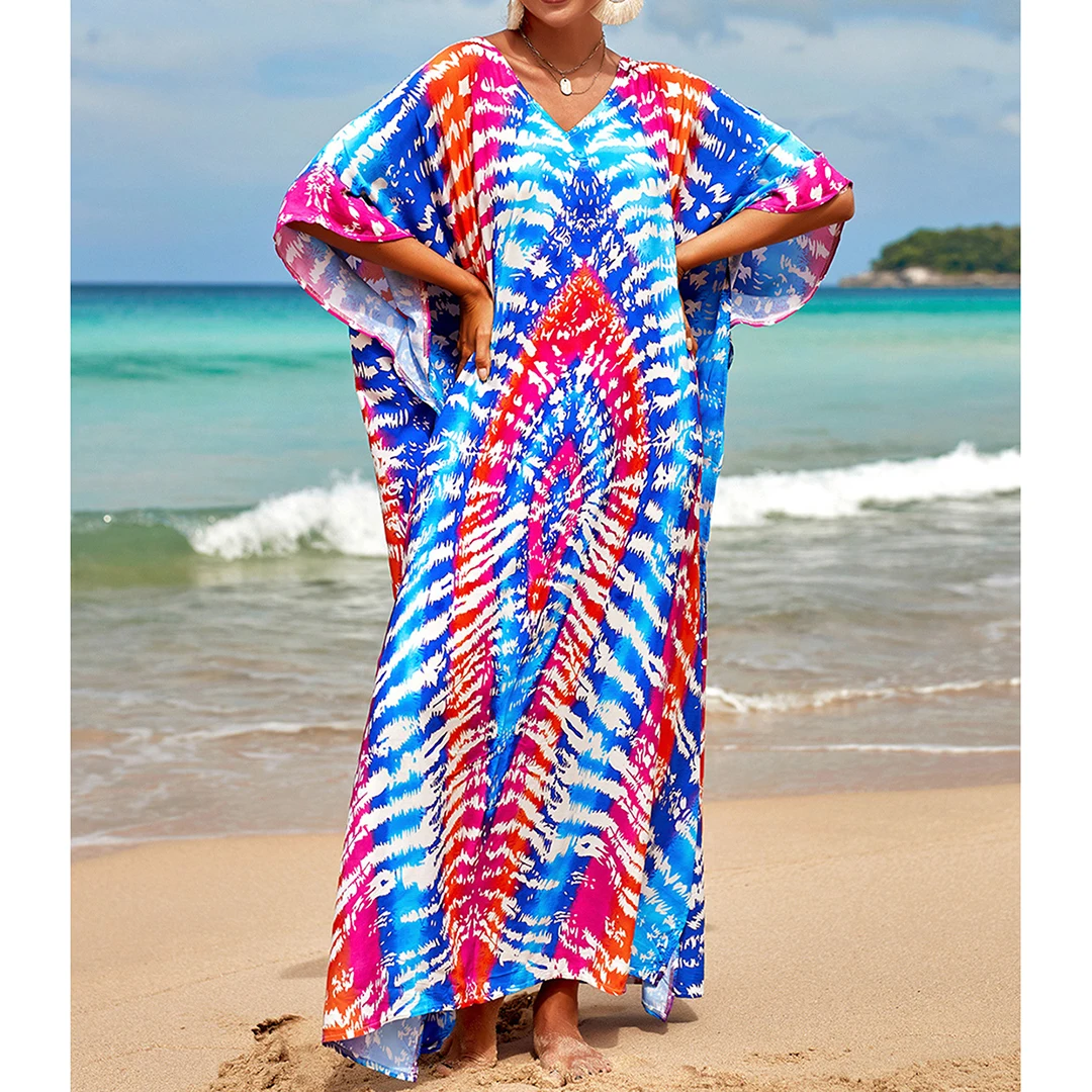 2026 Neues Buntes Kaftan-Tunika Strandkleid Strandmode Strandüberwurf Locker Sitzendes Maxikleid für Damen V4428 – Detail 20