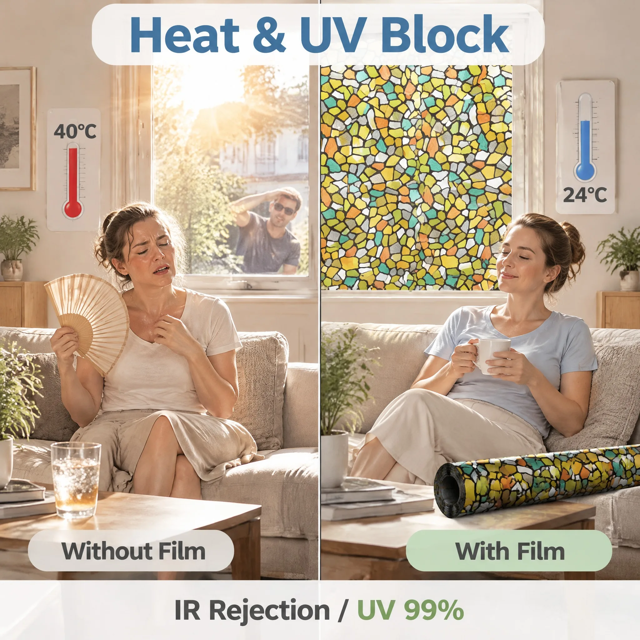 Privacy Frosted Window Film Decorative 3D Stained Window Cover Static Cling Window Sticker for Office for Living Room