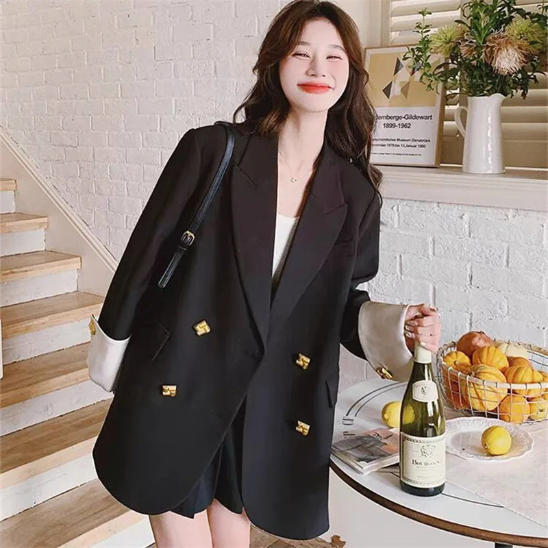 Korean Loose Women\'s Blazer Black Classic Suit Jackets Fashion Double Breasted Outerwear Elegant Luxury Spring Fall Coats