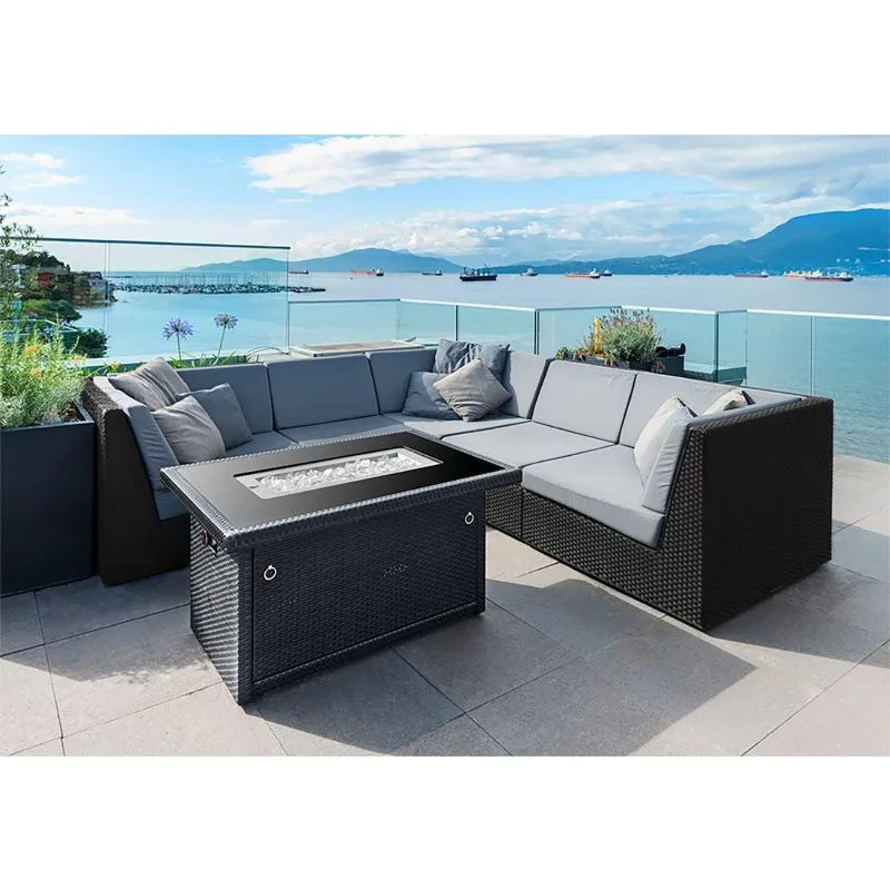 طاولة حريق البروبان الخارجية باللون الرمادي مقاس 44 بوصة - بقدرة 5000 وحدة حرارية بريطانية، سطح من الزجاج المقسى