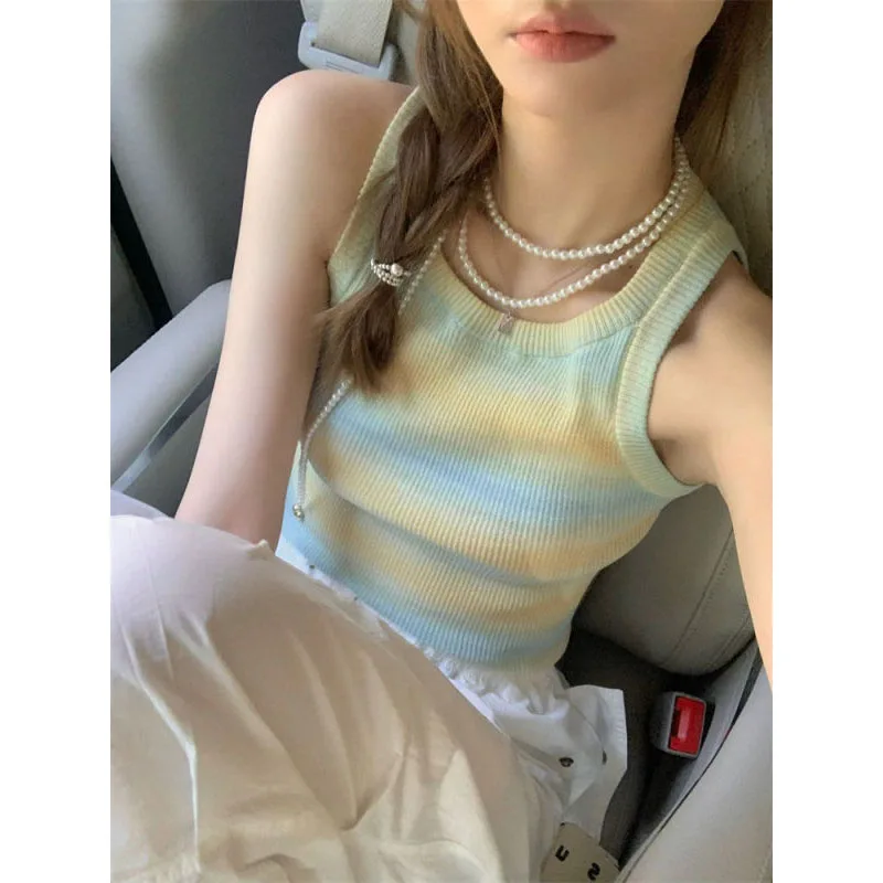 Summer New Women's Knitted Vests Crew Neck Color Striped Spliced Fashion Slim High Street All-match Ventilate Sleeveless Tops