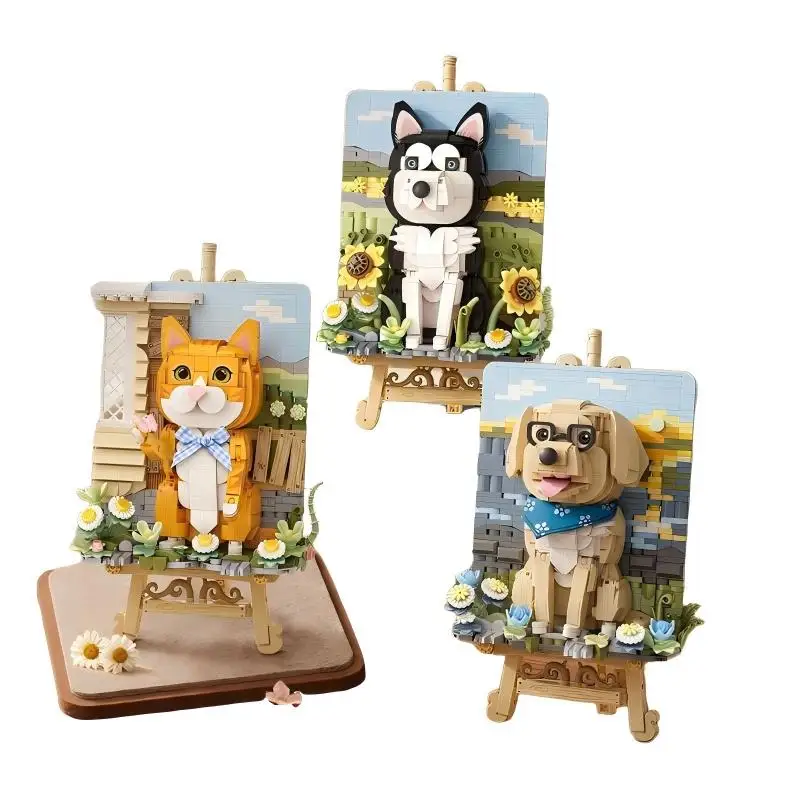 Mini Animals Landscape Drawing Board Building Blocks Husky Orange Cat Golden Retriever Bricks Toys Desktop Decorations DIY Gifts