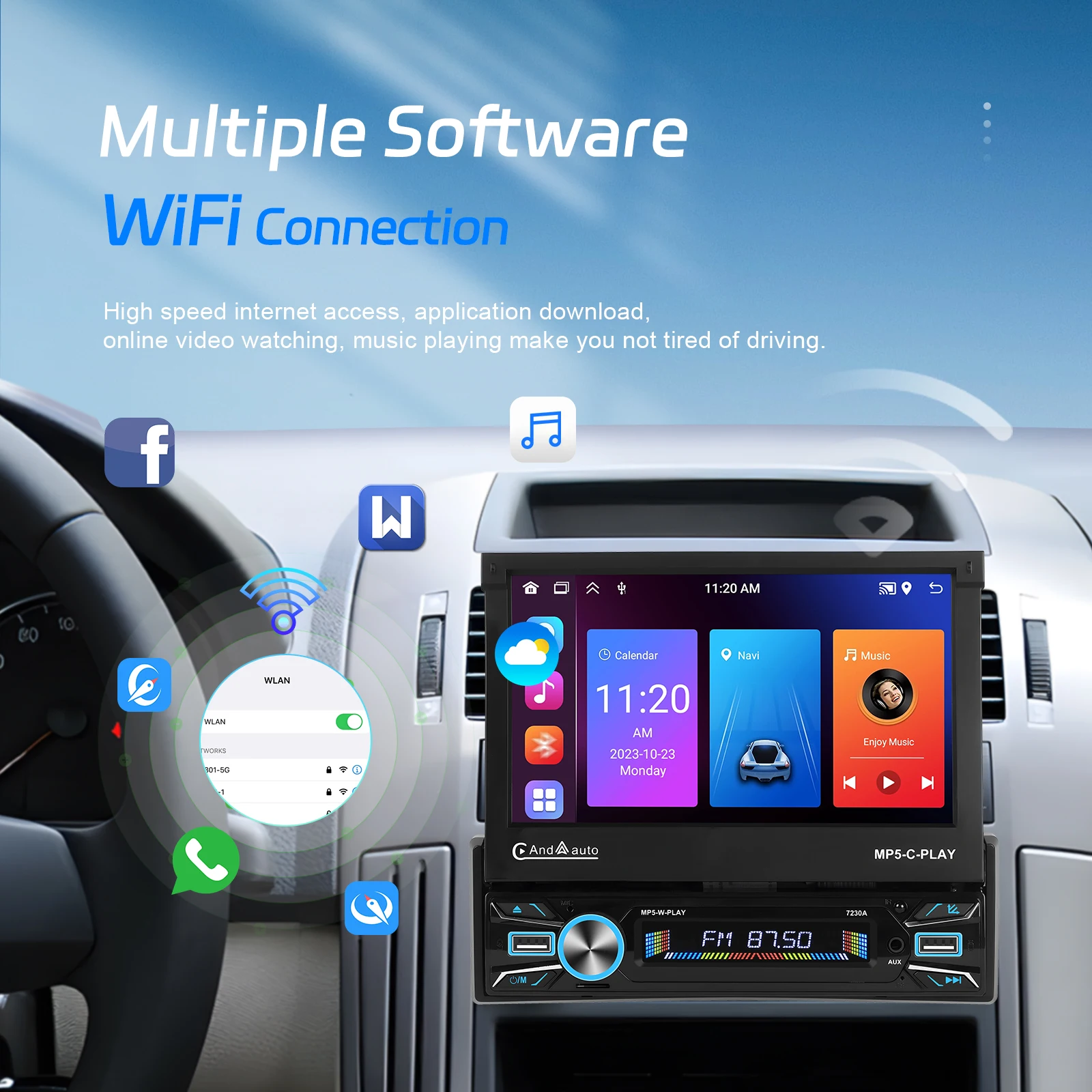 Podofo 7 \'\'Touch Screen pieghevole manuale capacitivo 2 + 64G lettore multimediale Carplay Android Auto WIFI GPS FM Android Car Stereo