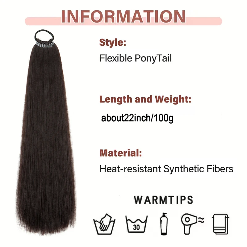 22Inch Synthetic Long Straight Ponytail Hair Extension Elastic Rubber Band Fiber Hair Easy to Style for Women Everyday