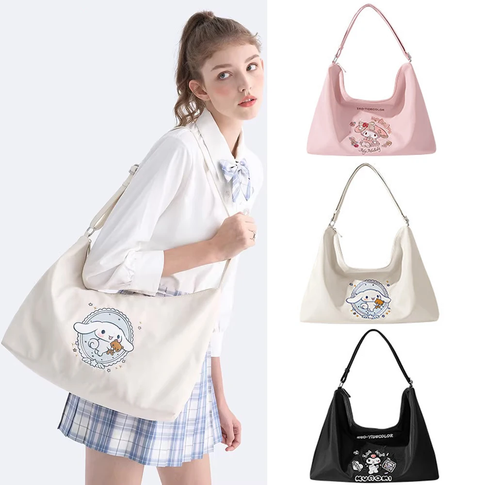 

Sanrios Cinnamoroll Kuromi Mymelody Cartoon Shoulder Canvas Bag Female Large Capacity kawaii Anime Commuting Messenger Tote Bags