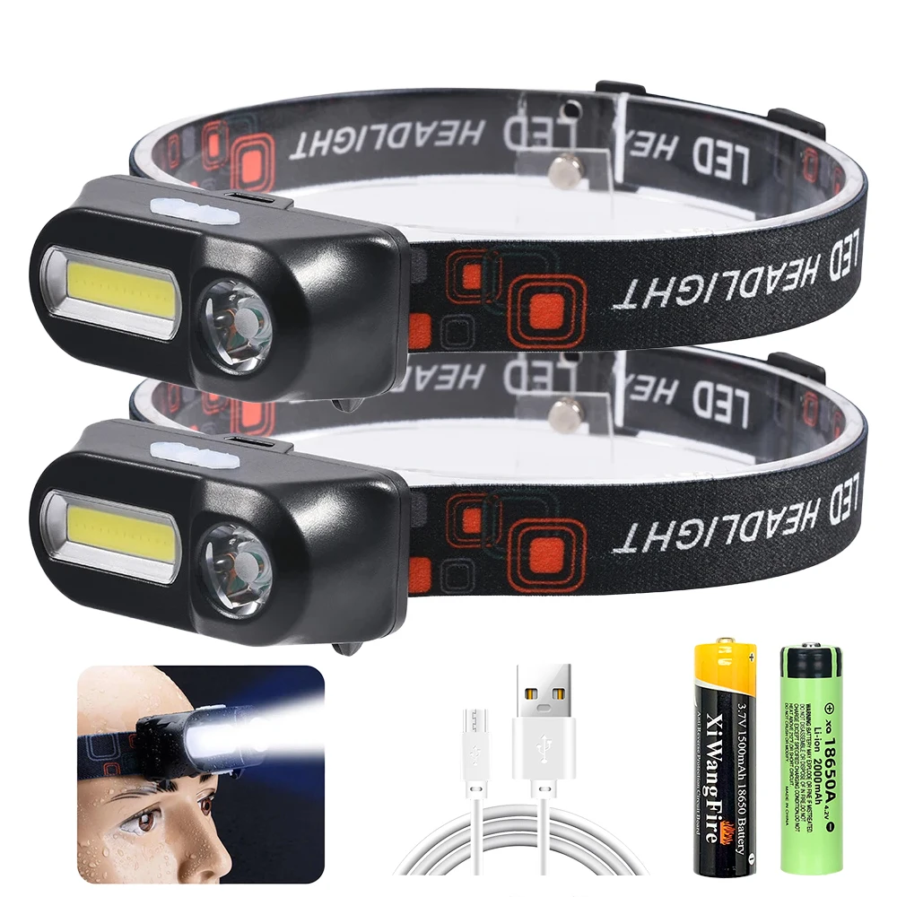 Super Bright Mini LED Headlamp USB Rechargeable 18650 Battery Headlight Dual Light Source Outdoor Camping Hunting Head Lamp