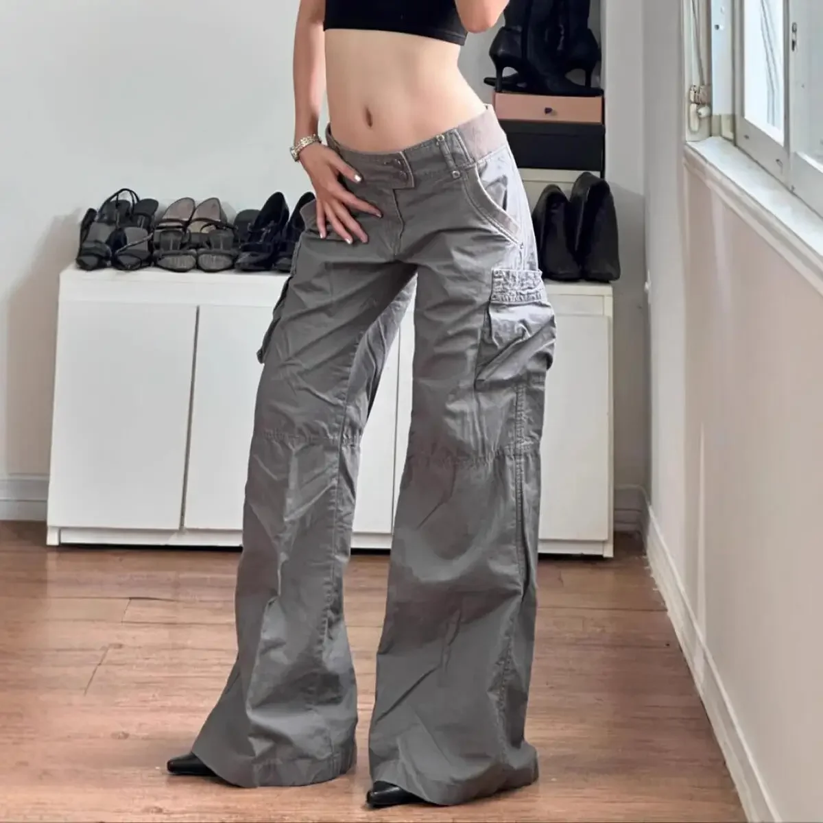 

Women Loose Jeans Low Rise Straight Leg Patchwork Multi Pocket Workwear American Retro Y2K Street Spicy Girl Casual Pants