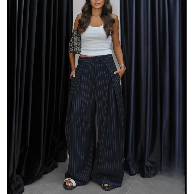 MUJER Striped Baggy Pants Woman High Waist Casual Pants for Women Pleated Wide Leg Women's Pants Streetwear Retro Woman Trousers