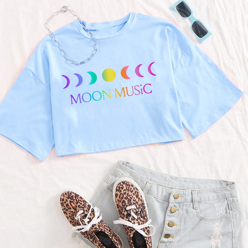 MOON MUSiC Girls O-Neck Casual Women Crop Shirts