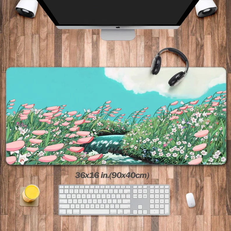 

Cute Anime Sage Green Floral Office Mat Large Mouse Pad Kawaii Gaming Mousepad Desktop Keyboard Laptop Mouse Pad Cute Office Mat