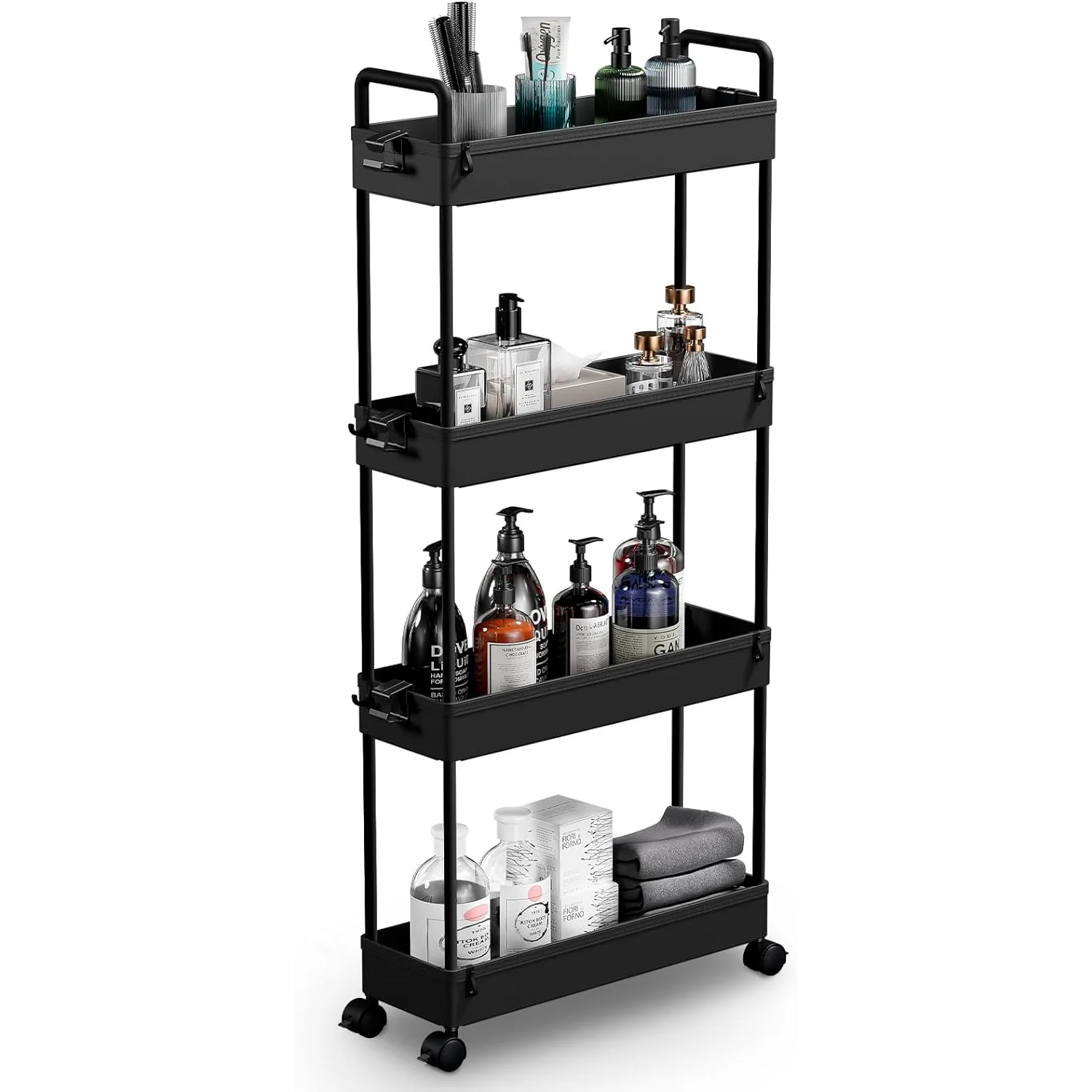 Slim Storage Cart, 4 Tier Bathroom Organizer Mobile Shelving Unit, Rolling Utility Cart Slide Out Organizer For Bathroom Black