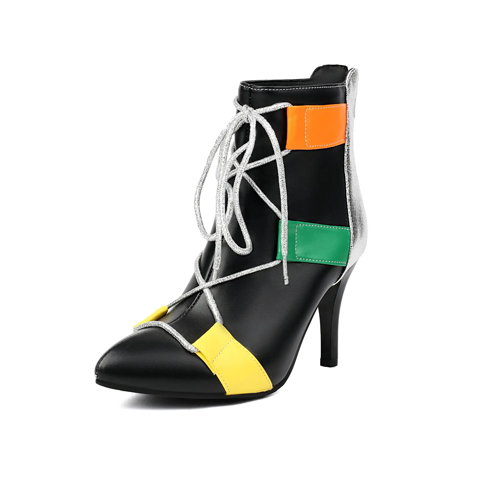 

Women Ankle Boots Heels Sexy Pointed Toe Stiletto Patchwork Mixed Colours Lace Up Shoes