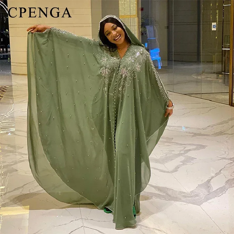 2022 New Muslim Robes Ladies Abaya African Dresses for Women Summer Chiffon Pearl Long Maxi Dress Traditional Clothing Plus Size