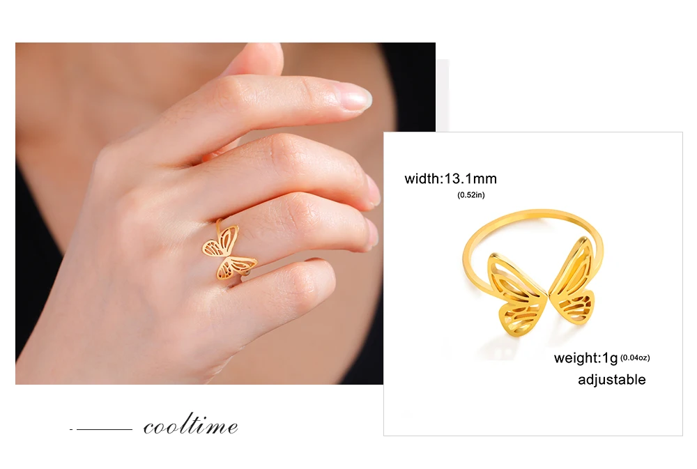 Cooltime Edelstahl Schmetterlings ringe für Frauen Mädchen Mode niedlichen verstellbaren Ring Schmuck Geschenk neu in – Detail 11