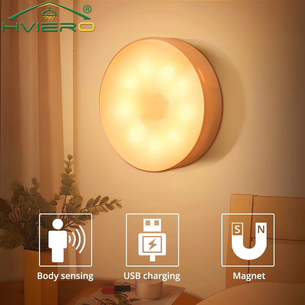2X Wireless Round Night Lights Motion Sensor USB Charging Led Wall Lamp Bedroom Decoration Staircase Cabinet Wardrobe Lighting
