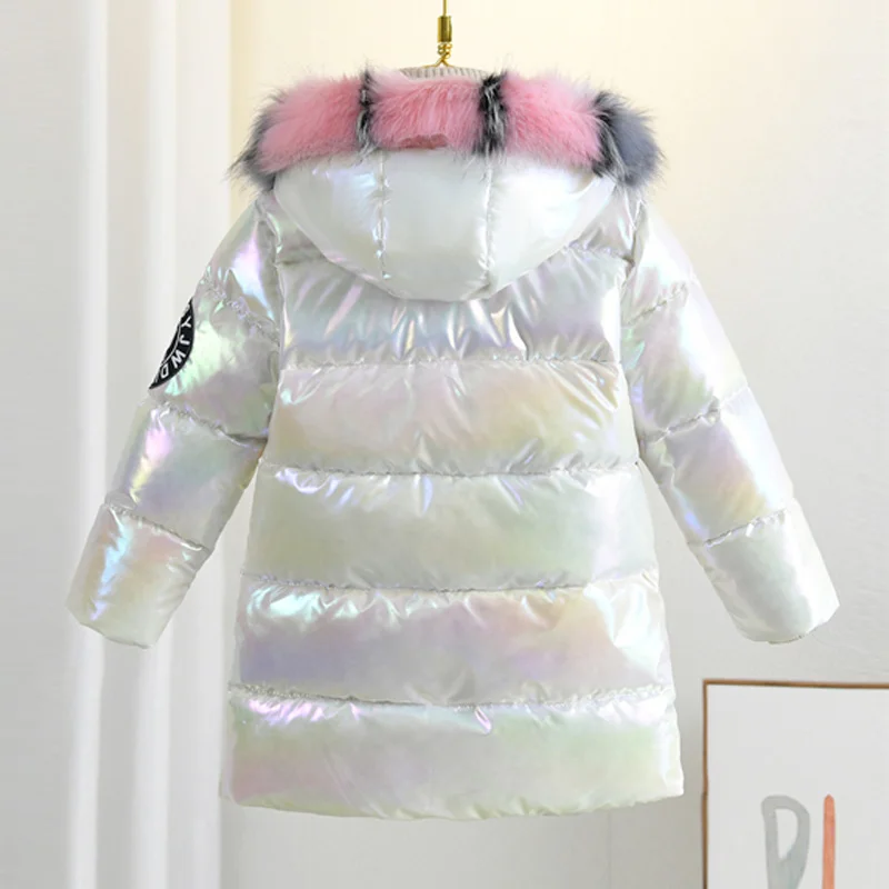 Children's Down Coats Girls' Winter Mid-Length Style Jackets Kids Fur Collar Hooded Glossy Outerwear Teenager Fashion Overcoat