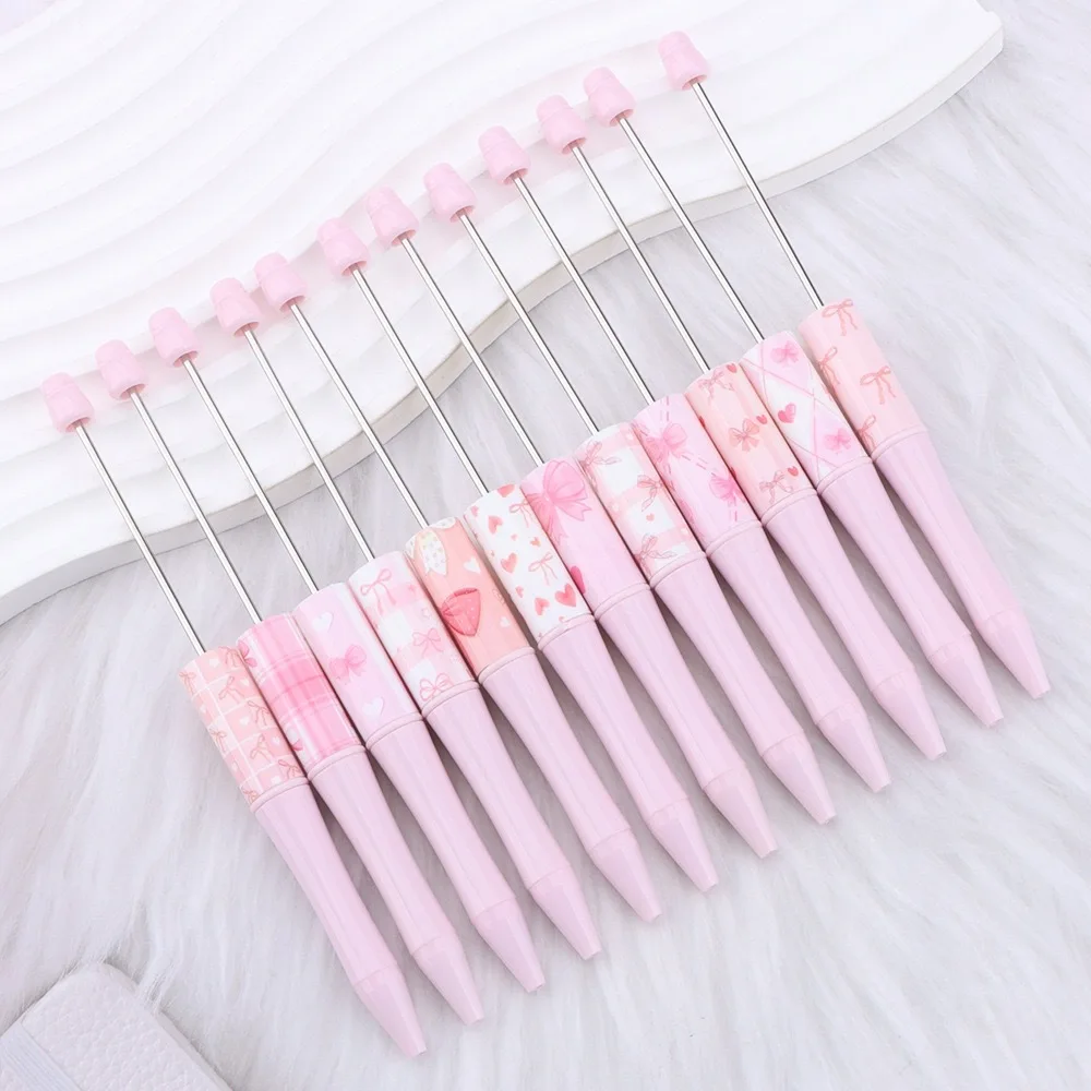 50Pcs Creative DIY Bow Beaded Pen Custom Pink Writing Ballpoint Pen Printed Beadable Holiday Gift Pen School Office Stationery